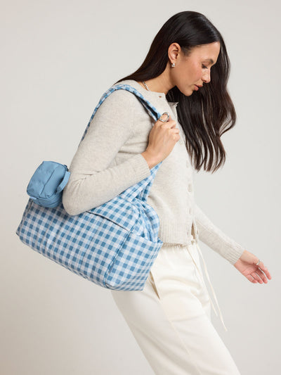 CALPAK Luka Mini Duffel in white and blue gingham print in French Blue Gingham; DLM2501-FRENCH-BLUE-GINGHAM view 2