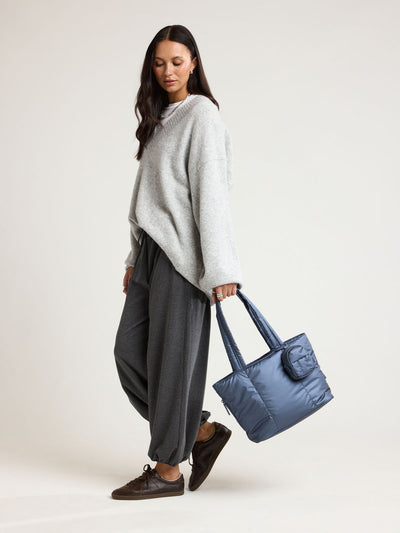 CALPAK Luka Mini Tote in metallic dark blue material in Metallic Indigo; ALM2401-METALLIC-INDIGO view 2