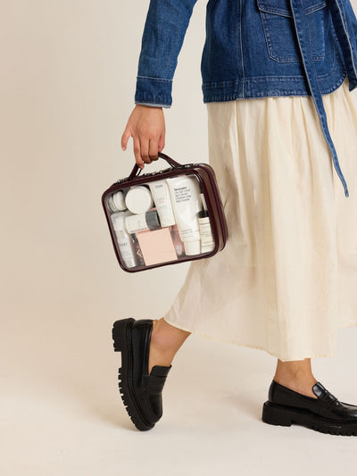 CALPAK Medium Clear Cosmetic Case in maroon Glazed Dark Cherry on a white background; CMM2201-GLAZED-DARK-CHERRY view 2