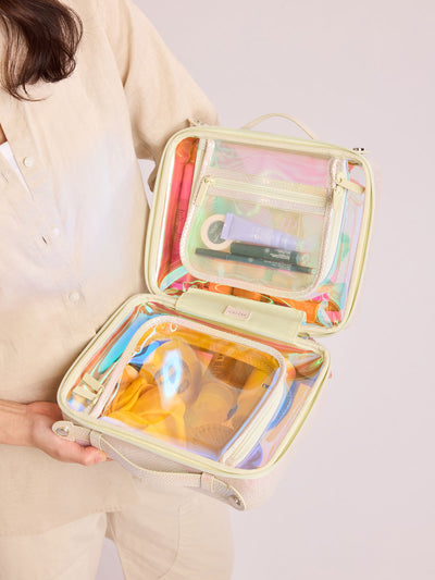 CALPAK Medium Clear Cosmetics Case with white border and iridescent, holographic, and transparent case in Moonbeam on a white background; CMM2201-MOONBEAM view 2