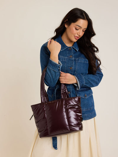 CALPAK Luka Mini Tote in shiny maroon Glazed Dark Cherry on a white background; ALM2401-GLAZED-DARK-CHERRY view 2