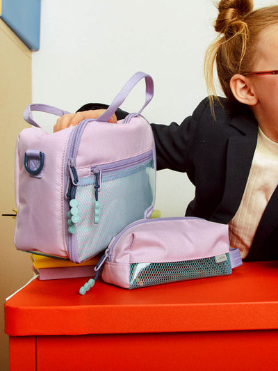 CALPAK Kids Pencil Case in lavender pink Orchid Pink front view with lavender pink zippers and blue mesh front pocket; CKPC2501-ORCHID-PINK view 2