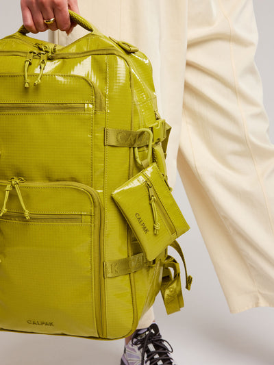 Yellow green Wasabi of CALPAK Terra Clippable Card Pouch with carabiner clip and zipper on a white background; TPC2401-WASABI view 2