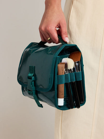 CALPAK Terra Hanging Toiletry Bag to store makeup and toiletries in blue green Kale on a white background; THY2201-KALE view 2